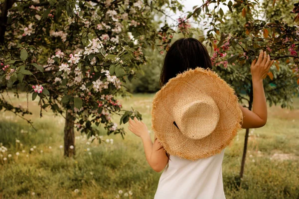 Güneşli bahar gününde Sakura Ağacı açan Güzel Asyalı Kadın.
