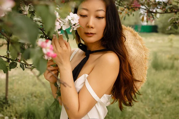 Belle Asiatique Femme Avec Floraison Sakura Arbre Dans Ensoleillé Printemps — Photo