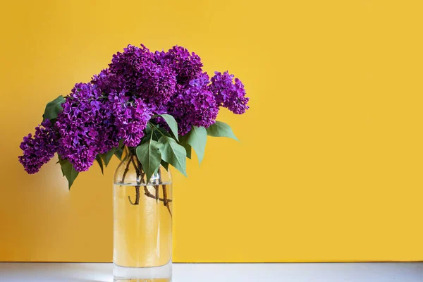 Bouquet Of Spring Purple Lilac In A Vase On White Table On Yellow Background.