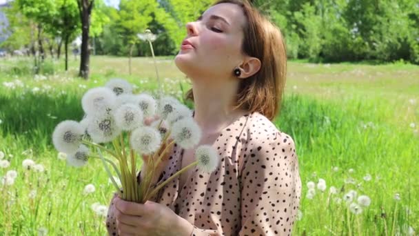 Young Beautiful Woman Holding Bunch Dandelion Flowers Standing Meadow — Stock Video