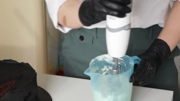 Uma Mulher Estimula Mistura Para Cozinhar Panqueca Liquidificador Recipiente Plástico — Vídeo de Stock