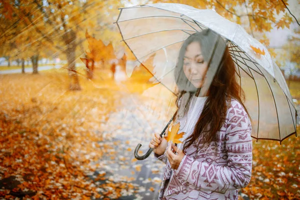 Una Donna Asiatica Con Ombrello Cammina Nel Parco Autunno — Foto Stock