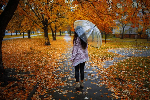 Una Donna Asiatica Con Ombrello Cammina Nel Parco Autunno — Foto Stock