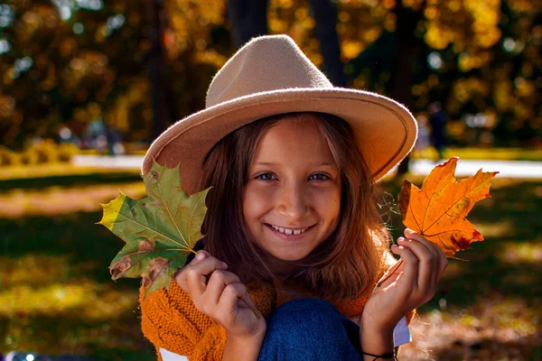かわいい女の子の秋の肖像画 小さな女の子の手で乾燥した黄色のカエデの葉 ハッピー スモール ガール 秋の子 — ストック写真