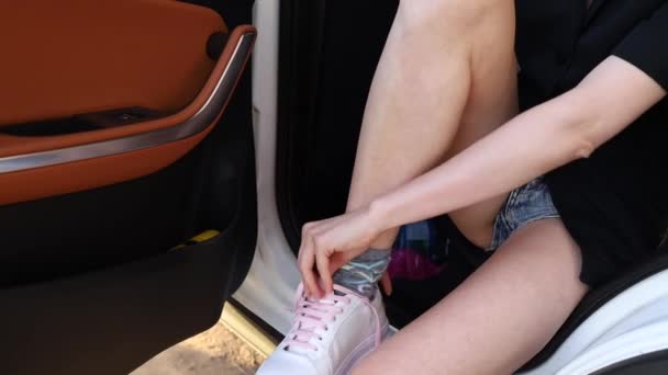 Female Driver Changing High Heels Comfortable Shoes — Stock Video