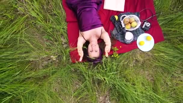 Een Mooie Vrouw Liggend Plaid Tijdens Picknick Groen Veld Zomer — Stockvideo