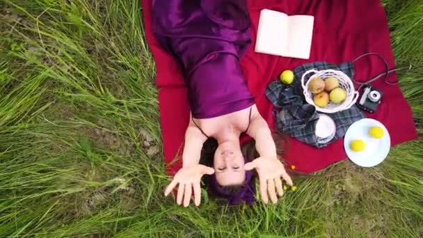 Una Hermosa Mujer Acostada Cuadros Durante Picnic Campo Verde Verano — Vídeo de stock