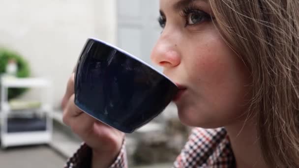 Mulher Negócios Atraente Bebendo Café Café Livre Verão — Vídeo de Stock