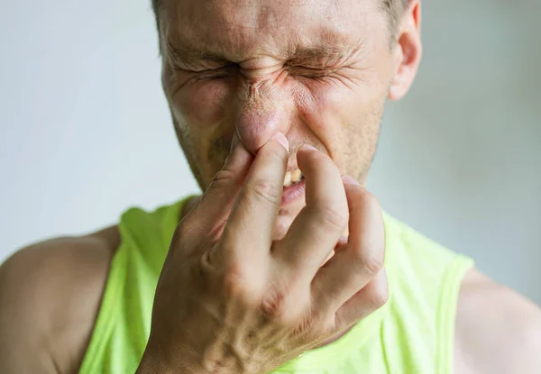 Man Pinches Nose Looks With Disgust Something Stinks Bad Smell