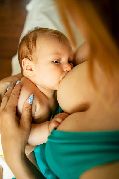 Caucasian Mother Breastfeeding Baby Son Sofa — Stock Photo, Image