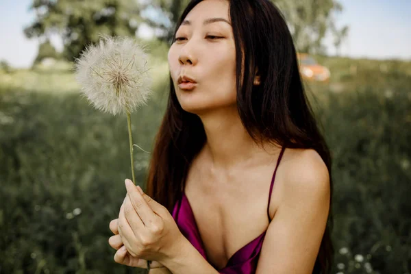 Allergy Free Concept Asian Woman Blowing Dandelion — Stock Photo, Image