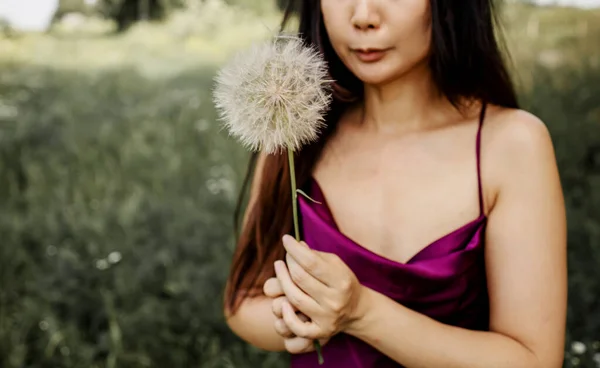 Allergy Free Concept Asian Woman Blowing Dandelion — Stock Photo, Image