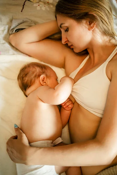 Caucasian Mother Breastfeeding Baby Son Sofa — Stock Photo, Image