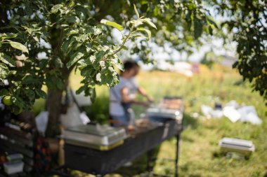 Doğada Barbekü. Bahçede duran, ızgara yapan ve barbeküde domuz eti yiyen çift..