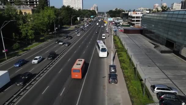 Aerial Drone Top View Road Busy Bus Cars — Stock Video