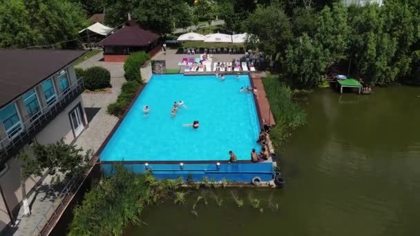 First View People Sunbathing Sun Loungers Swimming Public City Pool — 비디오