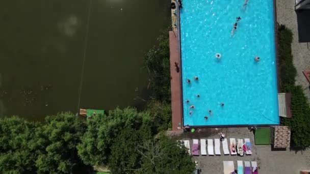 Top Uitzicht Mensen Die Zonnebaden Ligstoelen Zwemmen Het Openbare Zwembad — Stockvideo