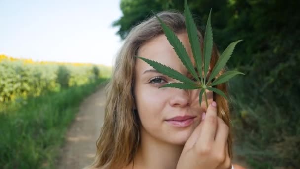 Photographer Takes Pictures Girl Green Hemp Leaves Dalam Bahasa Inggris — Stok Video