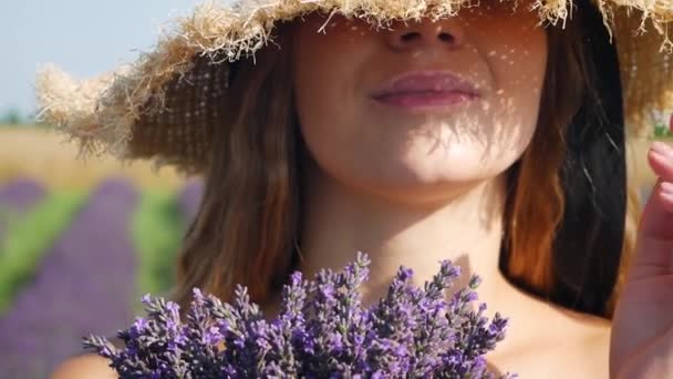 Young Beautiful Woman Hat Relaxing Lavender Field Summer Day — Stock Video