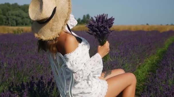 Young Beautiful Woman Relaxing Lavender Field Summer Day — Stock Video