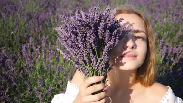 年轻美丽的女子在薰衣草地里放松 — 图库视频影像