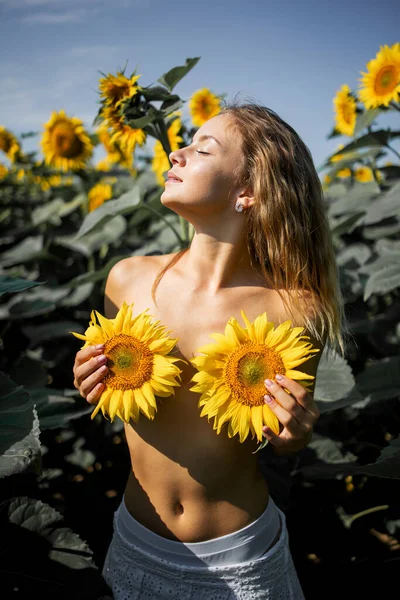 Beautiful Young Woman Sexy Lingerie Field Sunflowers — Stok fotoğraf
