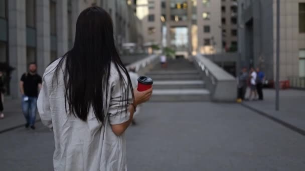 Joyeux Belle Femme Avec Tablette Près Bâtiment Affaires Haute Technologie — Video