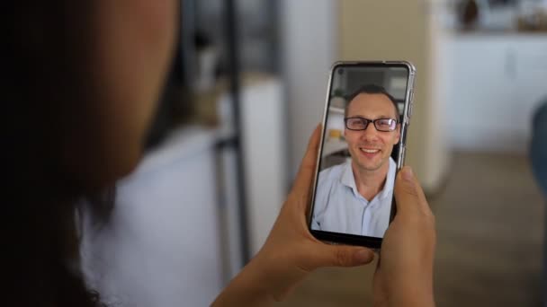 Woman Having Video Chat Friend Using Smartphone Enjoying Communicating Family — Stock Video