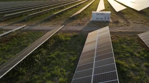 Ecologie Zonnepanelen Velden Groene Energie Bij Zonsondergang Landschap Elektrische Innovatie — Stockvideo