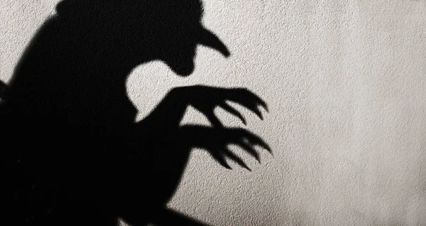 The shadow of a witch on the wall during Halloween. Terrible shadows. Abstract history.