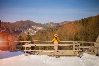 Dağ zirvesi manzaralı kış manzarası. Kadın turist kışın tepeden manzaraya hayran..