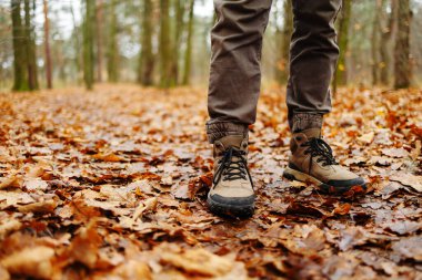 Yürüyüş botlarıyla erkek bacaklarının yakın çekimi sonbahar mevsiminde parkta ya da ormanda sarı-turuncu kuru yapraklarla yerde yürür. Doğada yürüyen ayaklar. Boş zamanlardaki sağlıklı yaşam tarzı