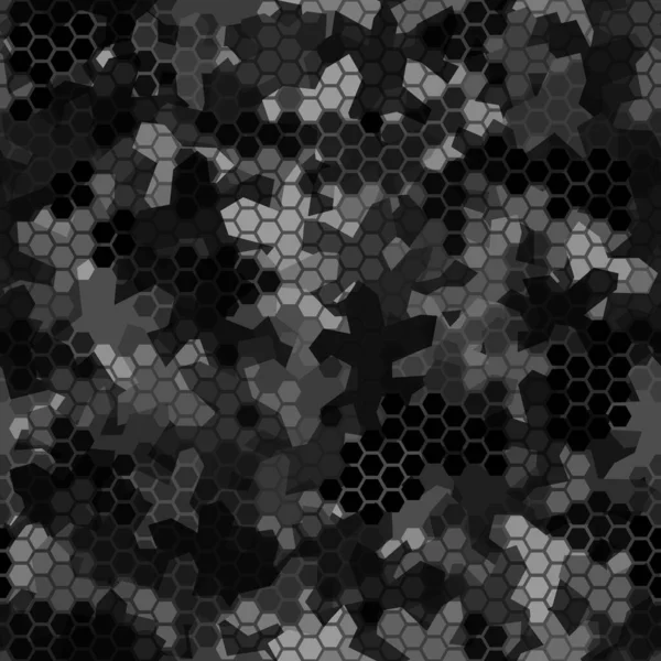 Patrón sin costura de camuflaje con adorno geométrico hexagonal en gris oscuro — Vector de stock