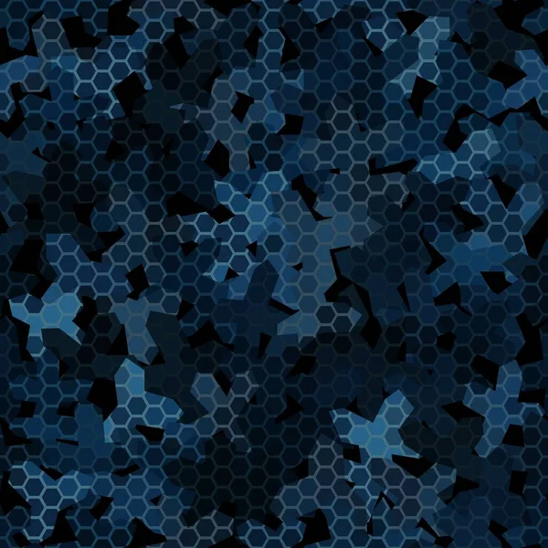 Patrón sin costuras de camuflaje de noche azul oscuro con adorno geométrico hexagonal — Vector de stock