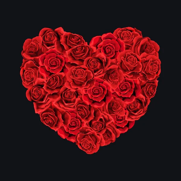 Día de San Valentín rosas rojas corazón lleno de fondo negro aislado — Archivo Imágenes Vectoriales