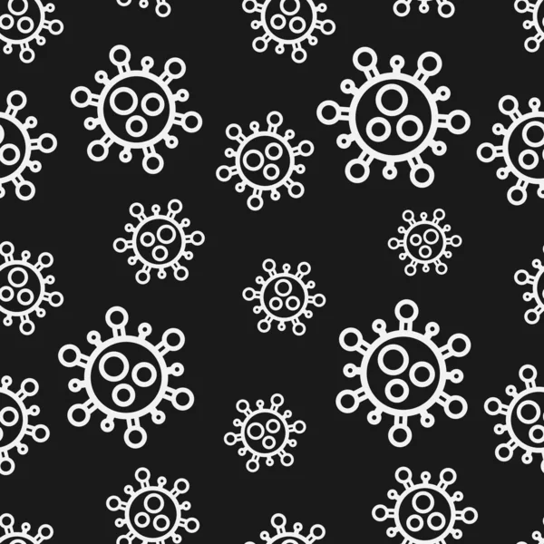 Nahtloses Muster weißes Symbol Bakterium coronavirus auf schwarzem Hintergrund — Stockvektor