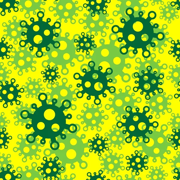 Zökkenőmentes minta koronavírus szimbólumokkal. Zöld cellák sárga alapon — Stock Vector