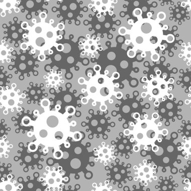 Koronavirüs sembollü kusursuz desen. Gri tonlu hücre arkaplanı