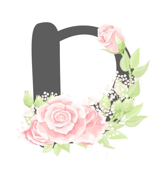 Διάνυσμα floral αλφάβητο γράμμα D με ροζ λουλούδια τριαντάφυλλο κρέμα και πράσινα φύλλα — Διανυσματικό Αρχείο