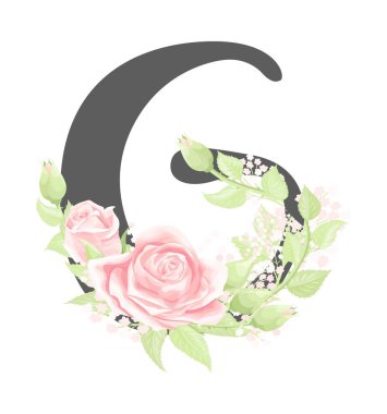 Çiçek alfabesindeki G harfi pembe gül çiçekleri ve yeşil yapraklarla.