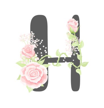 Çiçekli vektör alfabesi. H harfi pembe krem rengi gül çiçekleri ve yeşil yapraklarla.