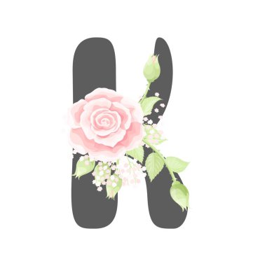 Vektör çiçek alfabesi K harfi pembe krem rengi gül çiçekleri ve yeşil yapraklarla.