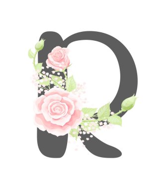 Vektör alfabe harfi R ile pembe krem rengi gül çiçekleri ve yeşil yapraklar.