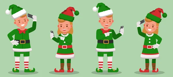 Set Kids Wearing Christmas Elf Costumes Character Vector Design Presentation — Stock Vector