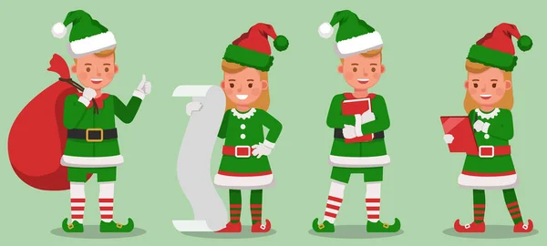 Set Kids Wearing Christmas Elf Costumes Character Vector Design Presentation — Stock Vector