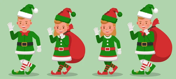 Set Kids Wearing Christmas Elf Costumes Character Vector Design Presentation — Stock Vector