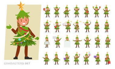 Noel ağacı kostümü giyen bir grup çocuk karakter tasarımı yapıyor. Duygularla çeşitli eylemlerde sunum.