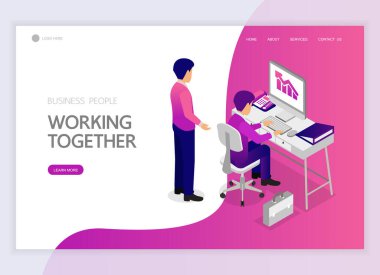 Karakter vektör tasarımında çalışan Isometric iş adamları. İniş sayfası, web pankartı, bilgi grafikleri ve arkaplan şablonu için. 5 numara.