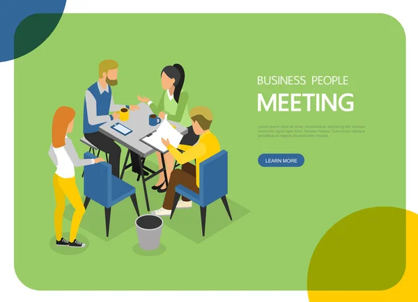 Isometric Business People Meeting Landing Page Web Banner Infographics Background — Stock Vector