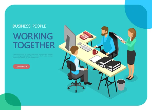 Isometric Business People Working Together Character Vector Design Landing Page — Stock Vector